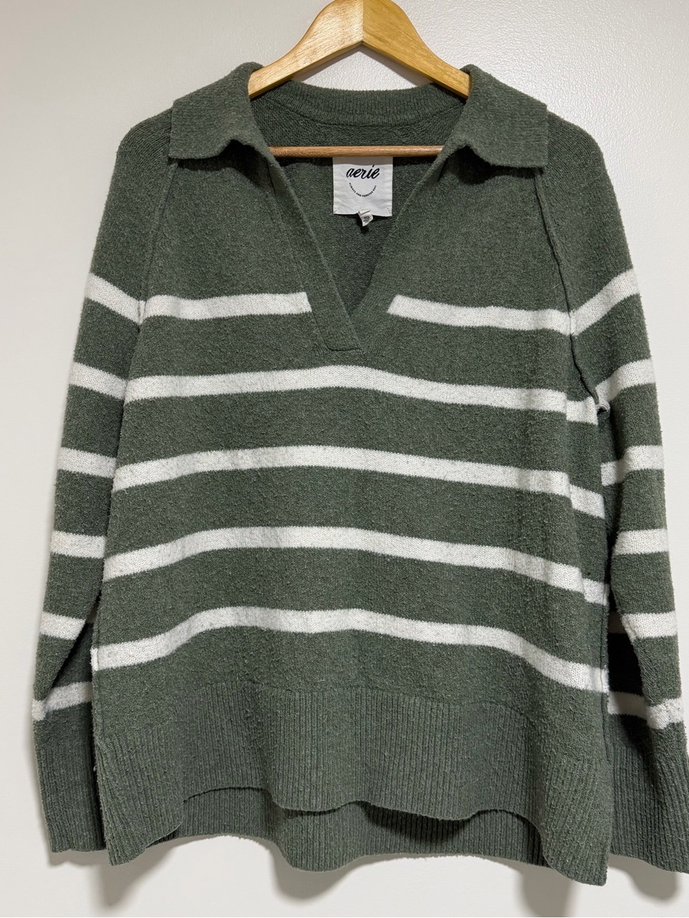 aerie Olive Green & White Striped Collared V-Neck Sweater